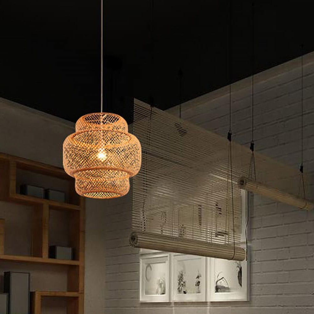 3-Tiered Bamboo Woven Pendant Light - Rustic Boho Ceiling Lighting