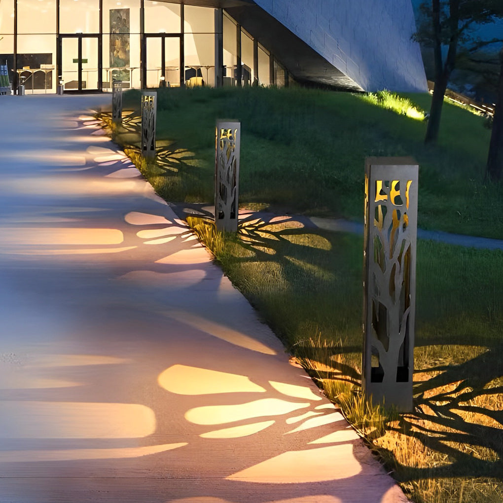 Solar-Powered Lawn Light with Hollow Branch Pattern - Stainless Steel