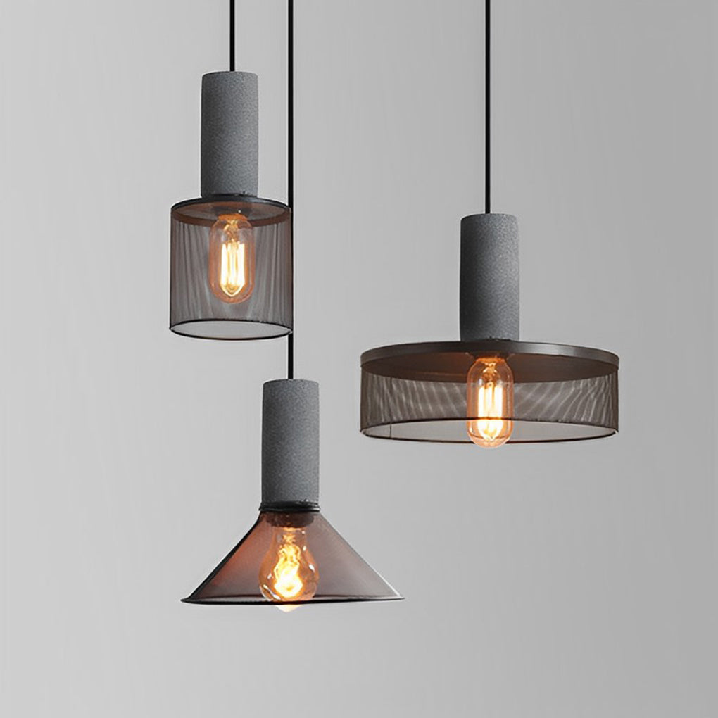 Industrial Concrete & Metal Mesh Pendant Light - Black Cage