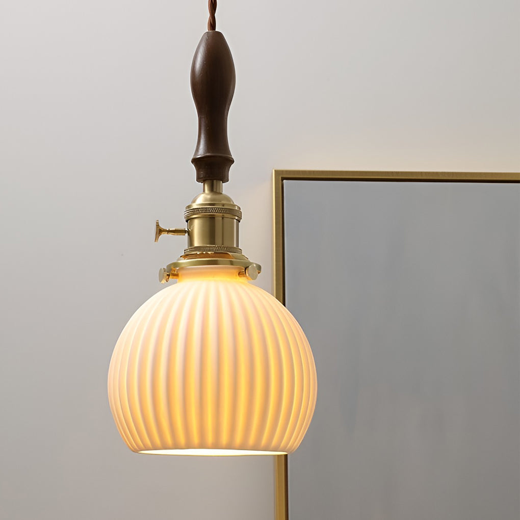 Modern Ceramic Pendant Light with Walnut & Copper Accent - 12W LED