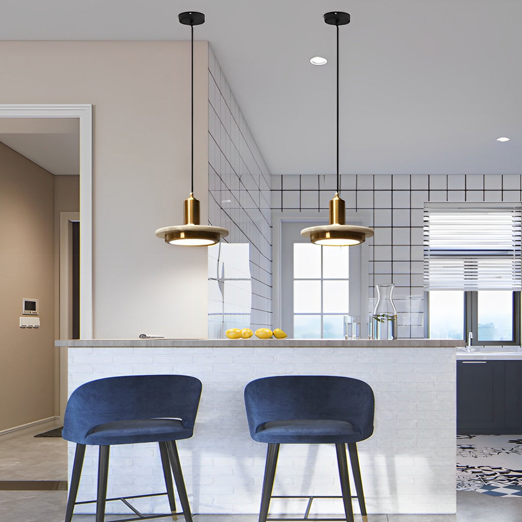 Modern Flying Saucer Pendant Light with LED, Iron & Marble Accent