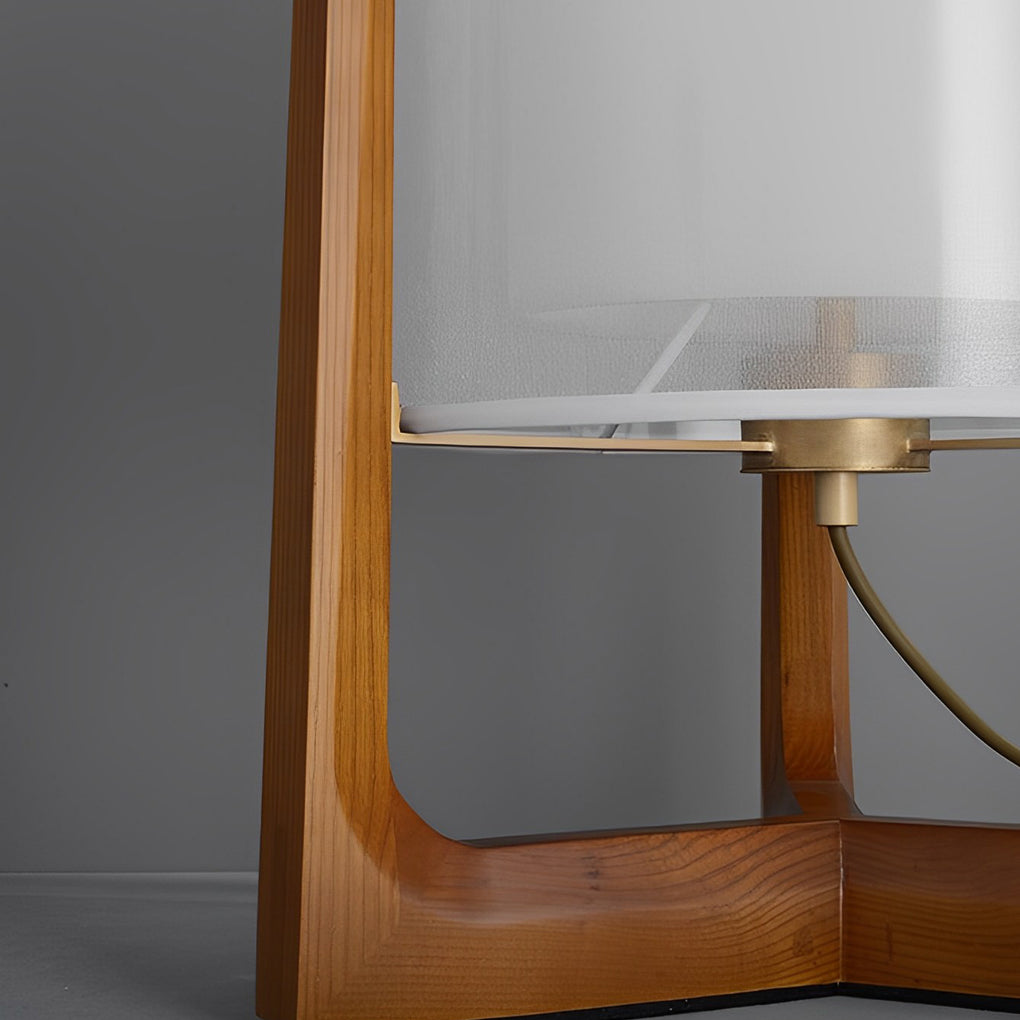 Rustic Wood Triangle Floor Lamp with Double Fabric Shade LED