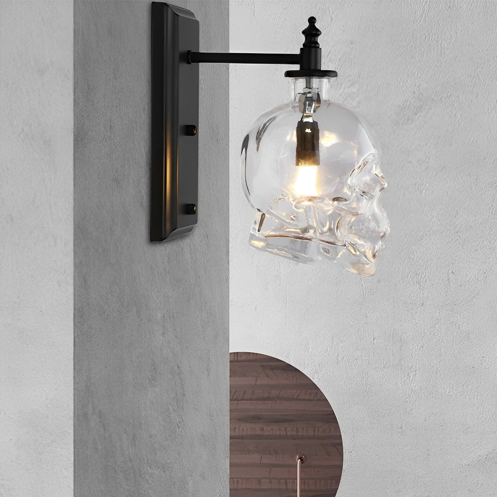Skull Head Glass Wall Sconce – Industrial Black Iron LED Lamp