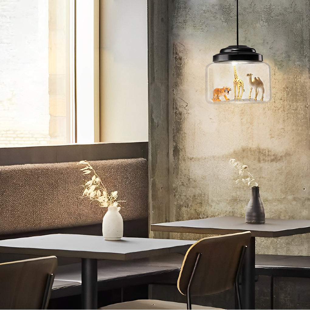 Animal Figurine Glass Jar LED Pendant Light - Modern Black