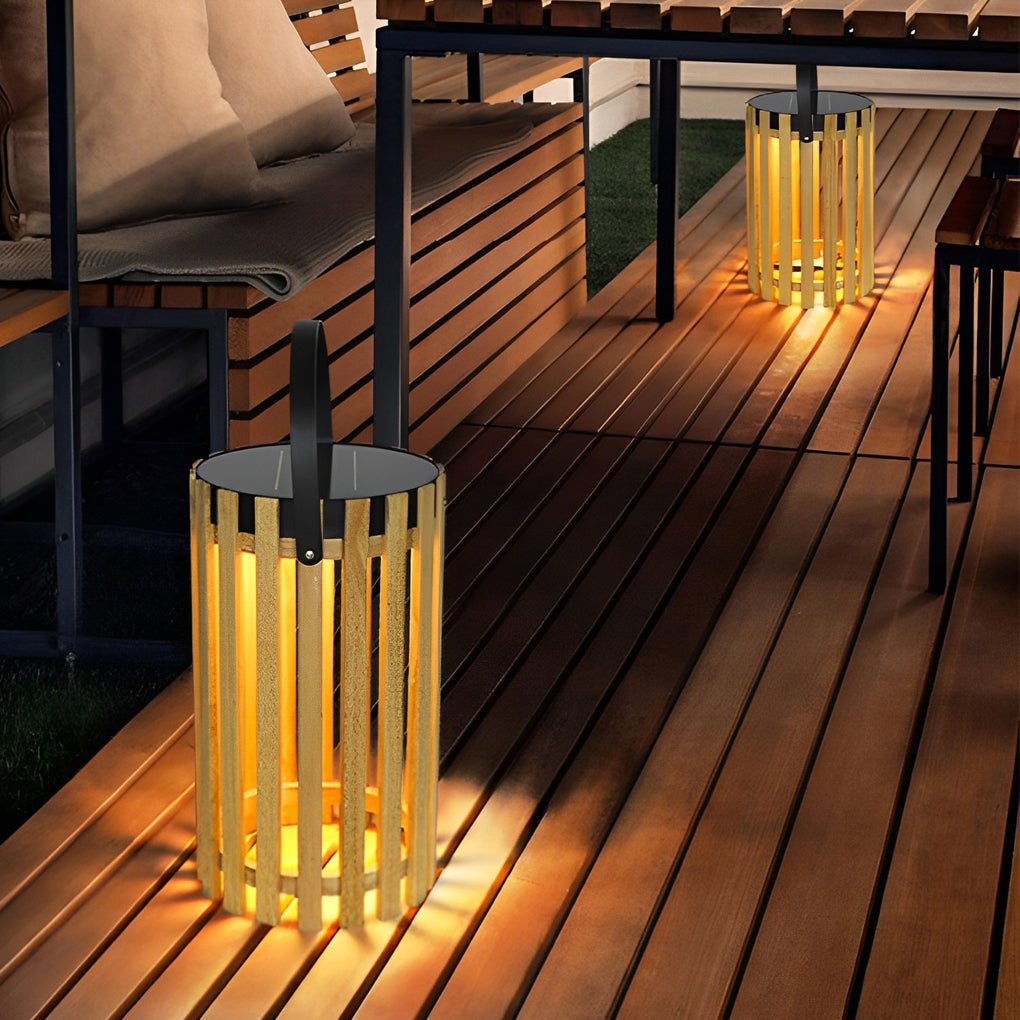Solar Wooden Lantern Floor Lamp with Aluminum Handle - Waterproof
