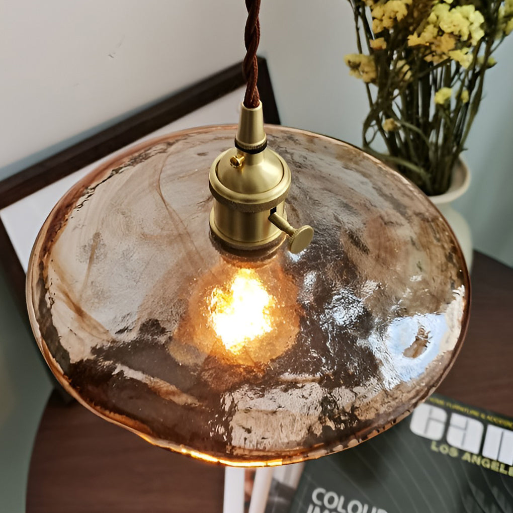 Vintage Glass Pendant Light with Brass Hardware and Wooden Detail