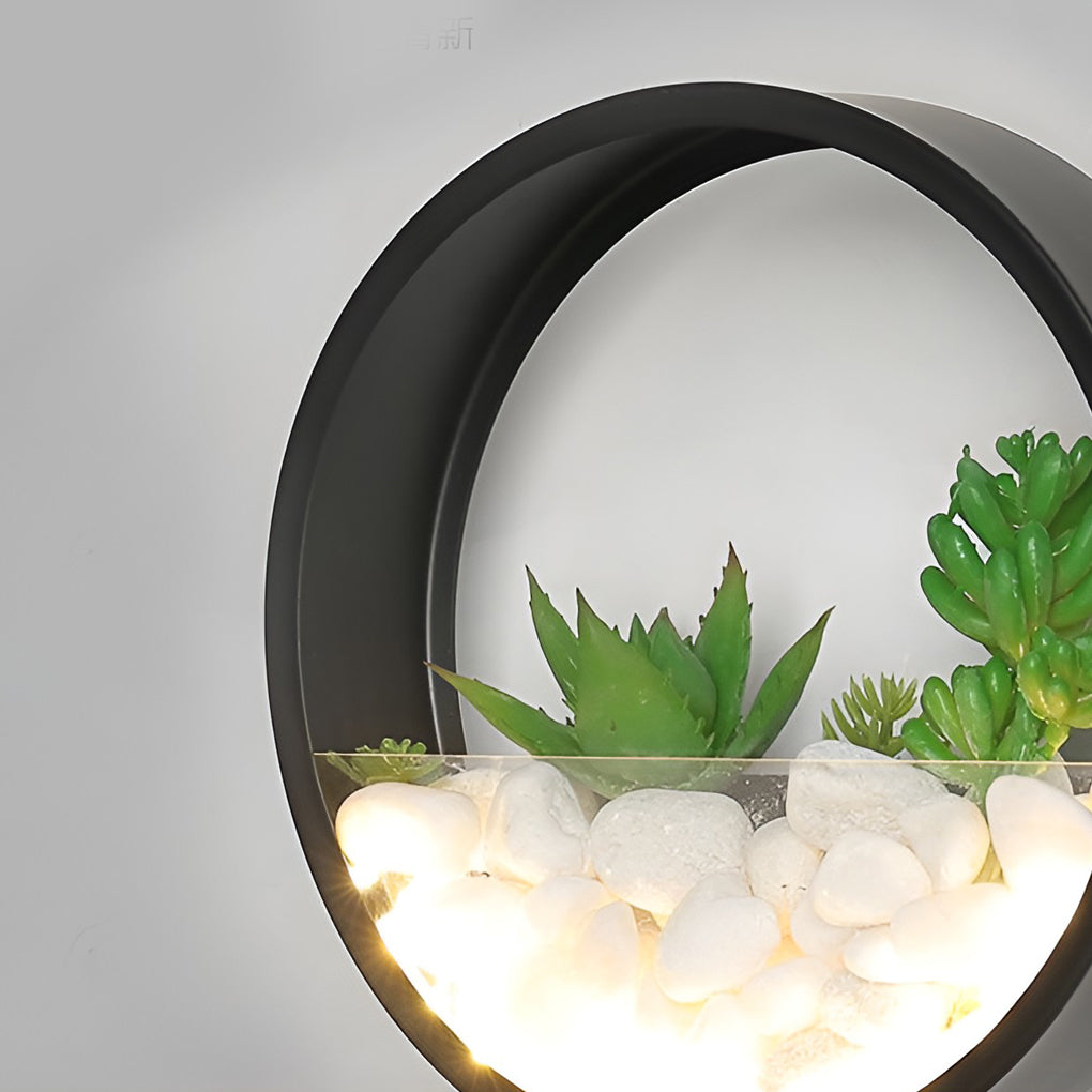 Modern Round Outdoor Wall Light with Stones & Greenery – LED 18W