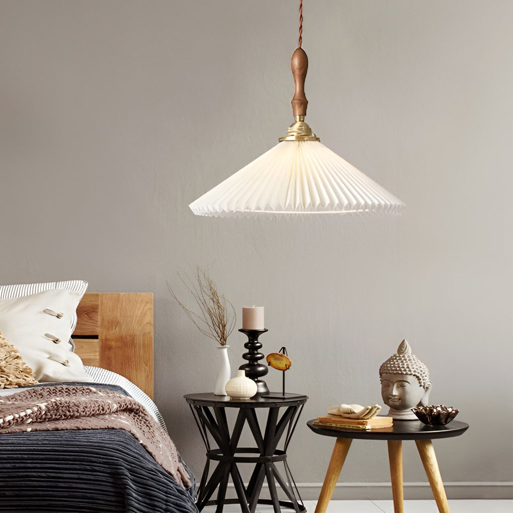 Nordic Pleated Pendant Light with Walnut Wood and Copper Accent