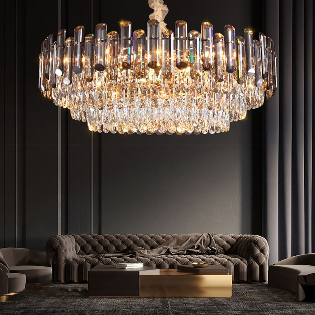 Multi-Layer Crystal Chandelier Modern Round Oval Metal Frame