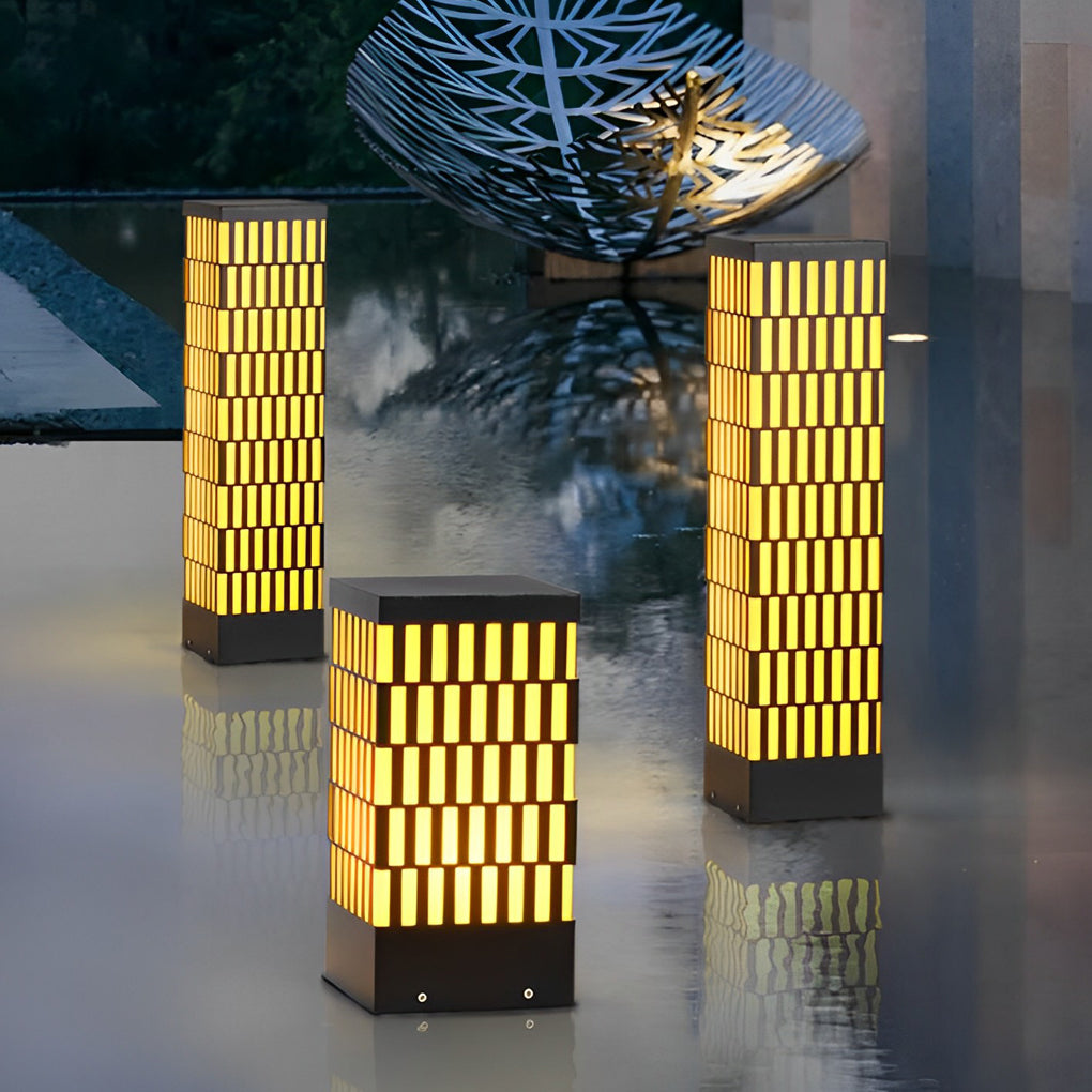 Modern Grid LED Outdoor Bollard Light Black Waterproof Lawn Lamp