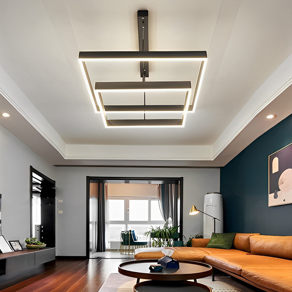 Modern Square LED Chandelier Black Aluminum Dimmable Remote Control