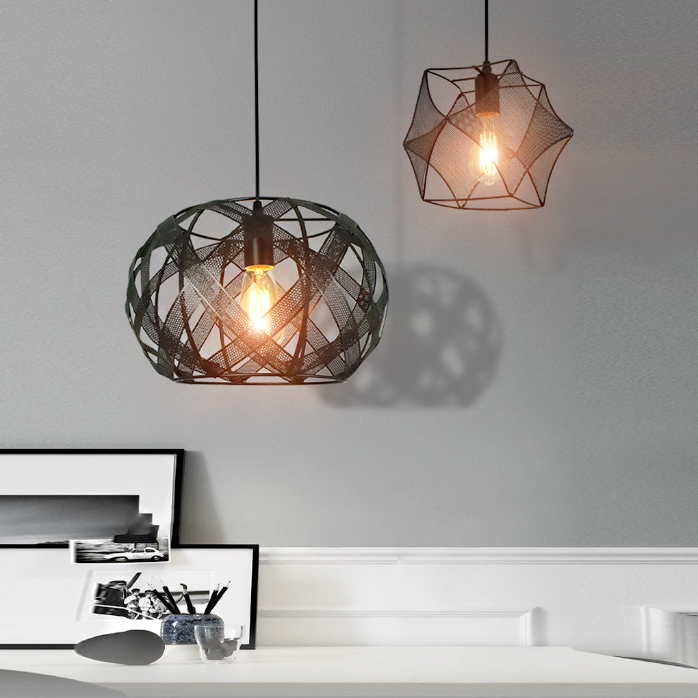 Geometric Iron Mesh Pendant Light – Modern Industrial Black Ceiling