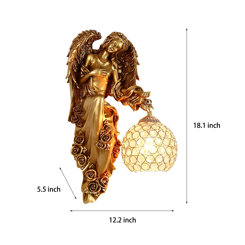 Crystal Angel Wall Sconce - Antique Gold Resin European Design