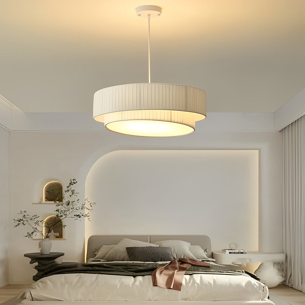 Double Layer Drum Pendant Light Modern Nordic White Fabric