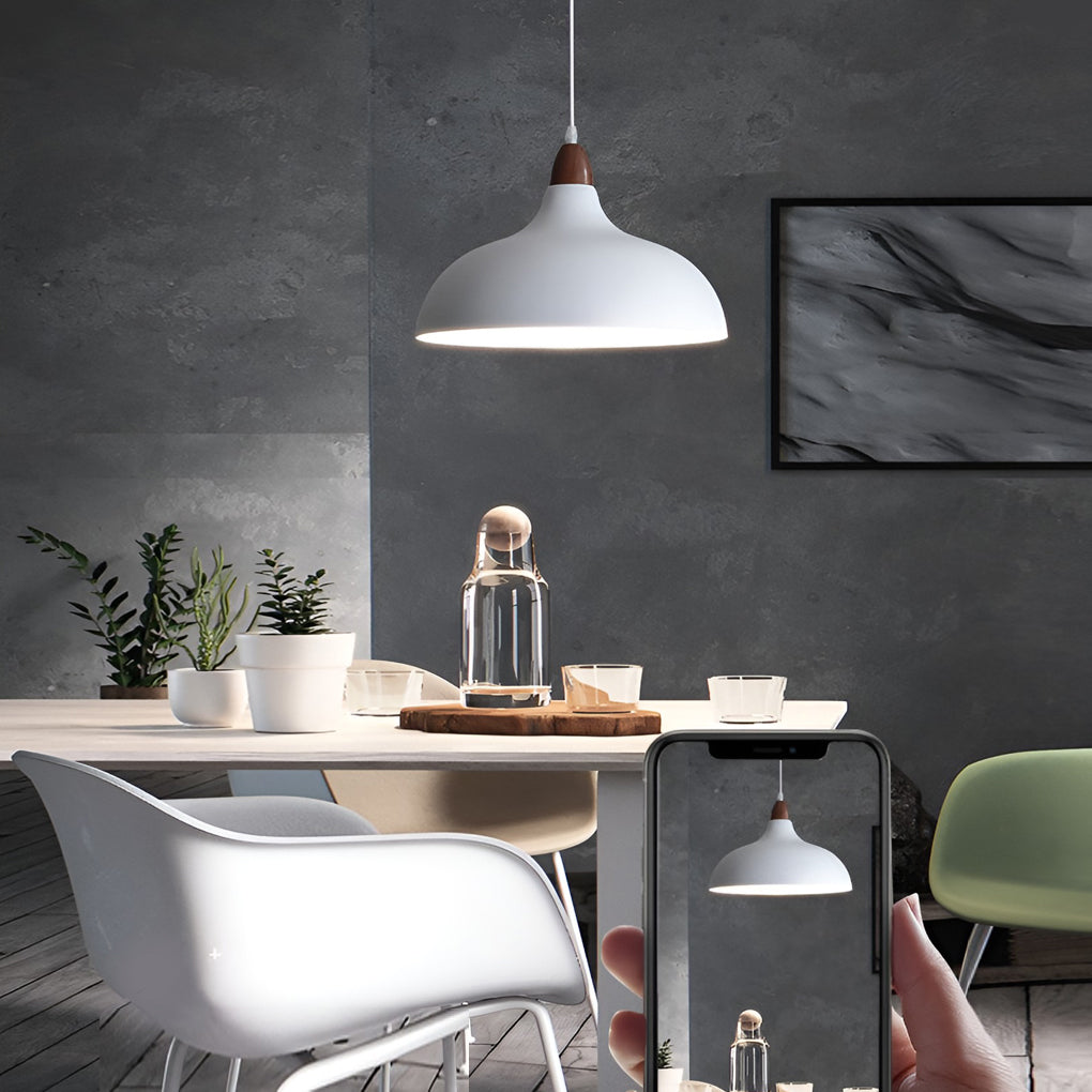 Modern Round Pendant Light with Walnut Accent - White Metal 12W