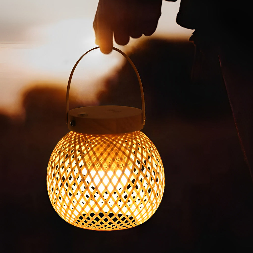 Rustic Woven Bamboo Portable Lantern Table Lamp with Handle