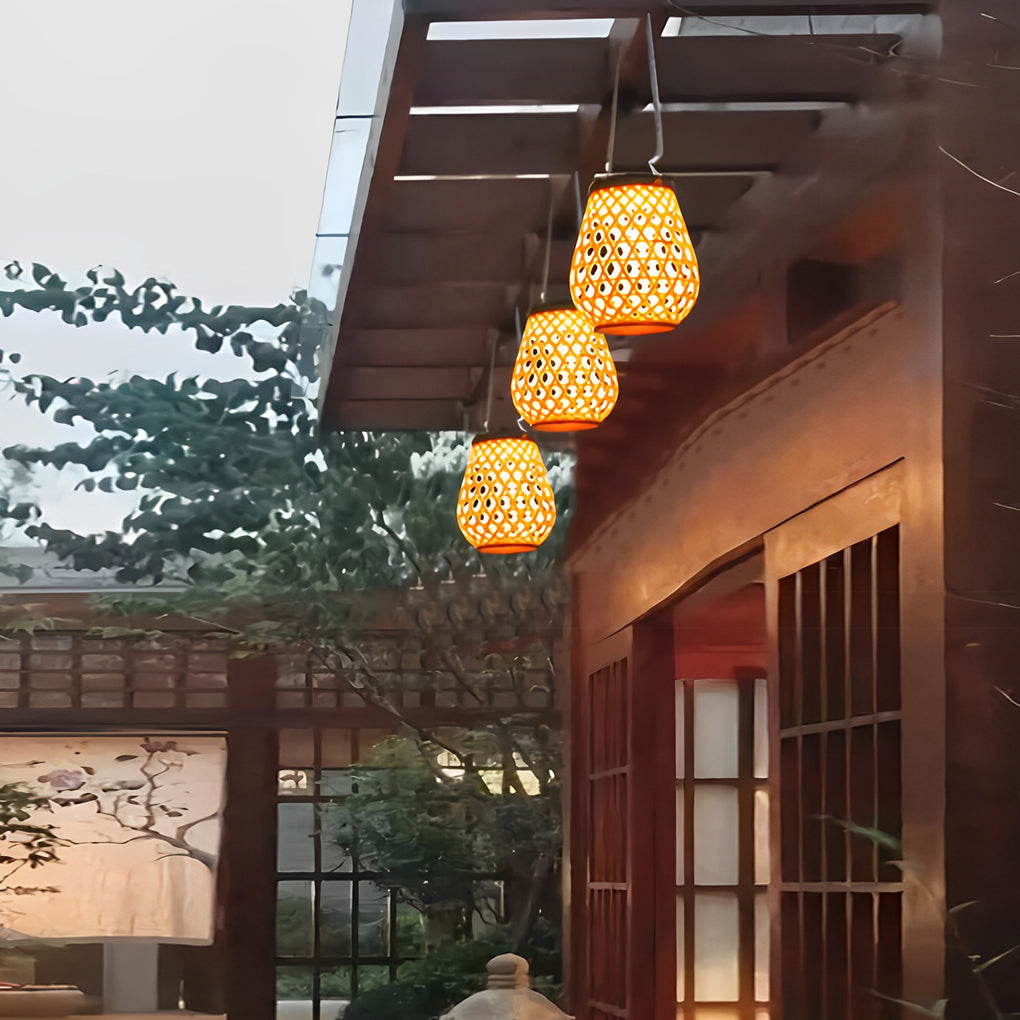Portable Solar LED Outdoor Lantern Rustic Bamboo Style Hemp Rope