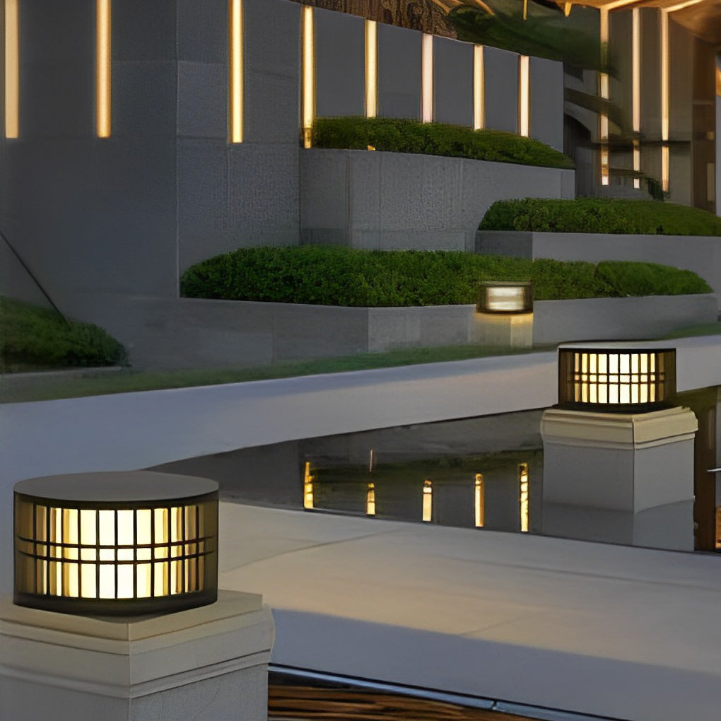 Modern Round Solar LED Outdoor Post Light - Black Stainless Steel
