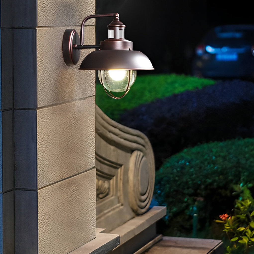 Nautical Black Metal Cage Seeded Glass Outdoor Wall Light