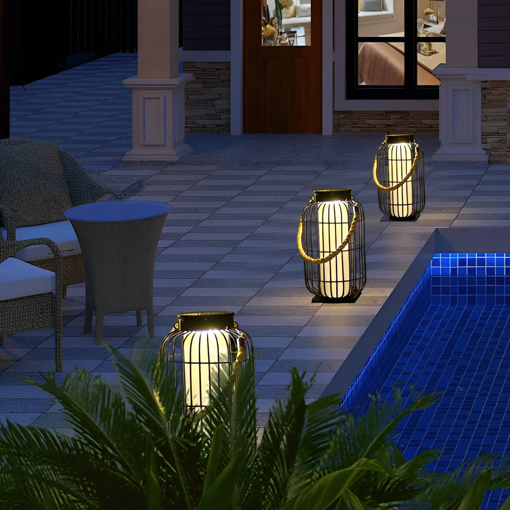 Solar Outdoor Lantern with Hemp Rope Handle - Waterproof LED Light