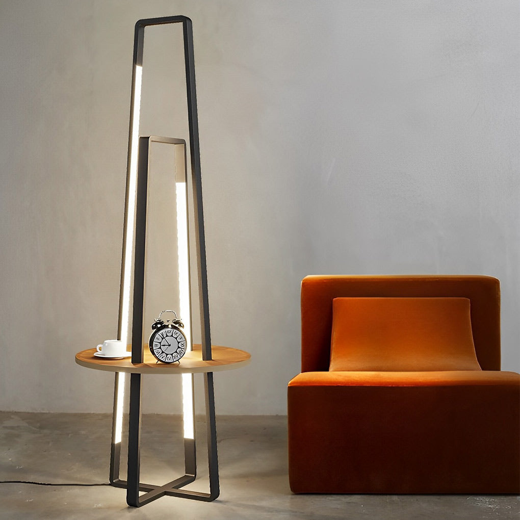 Modern LED Floor Lamp with Wooden Tray – 63" Tall Metal Stand
