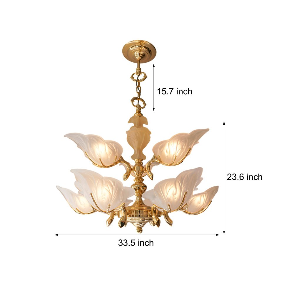 9-Light Leaf-Shaped Glass Chandelier with Brass Frame