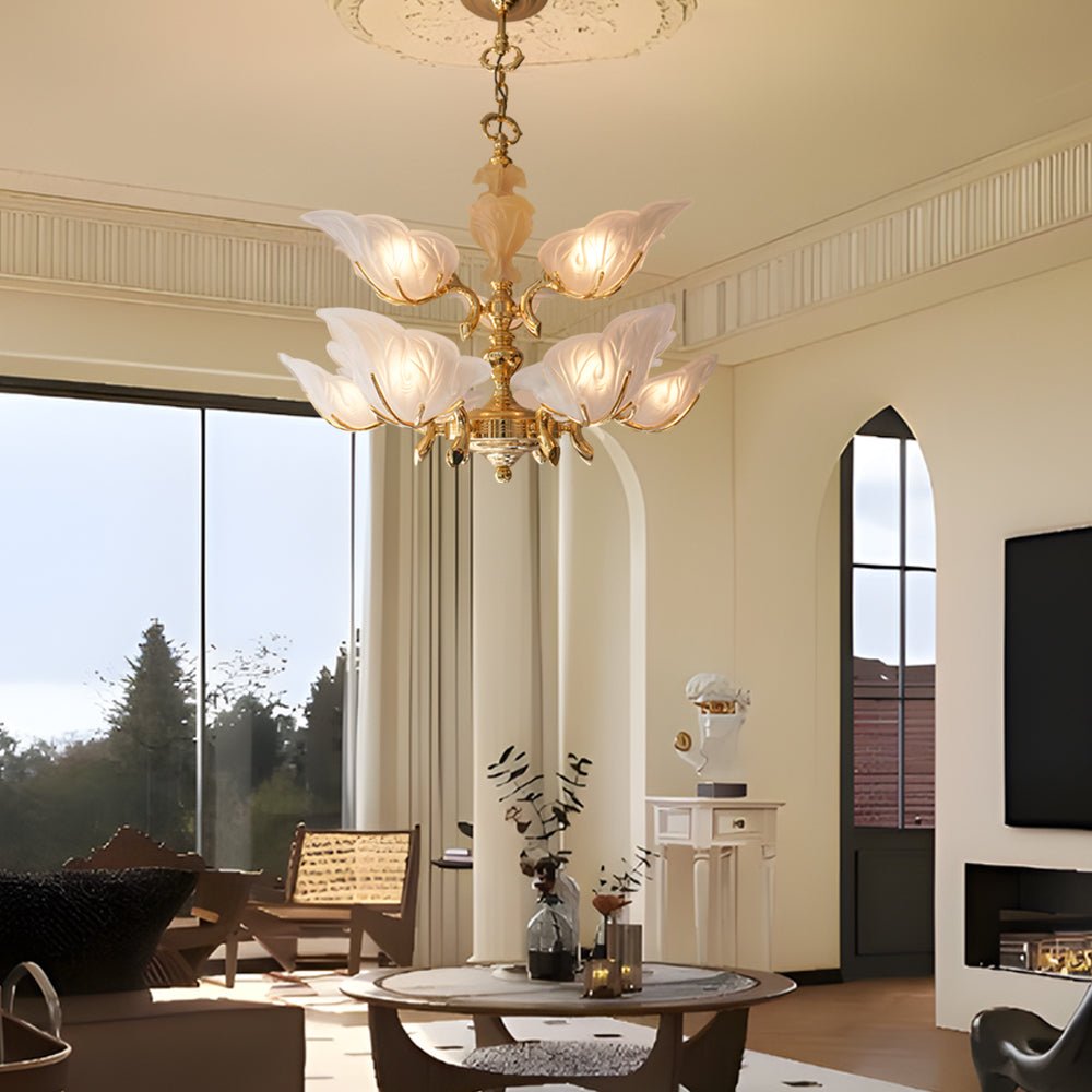 9-Light Leaf-Shaped Glass Chandelier with Brass Frame