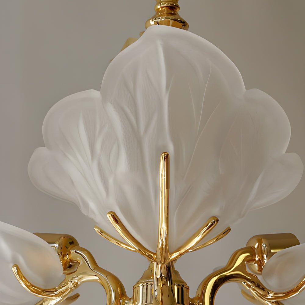 9-Light Leaf-Shaped Glass Chandelier with Brass Frame