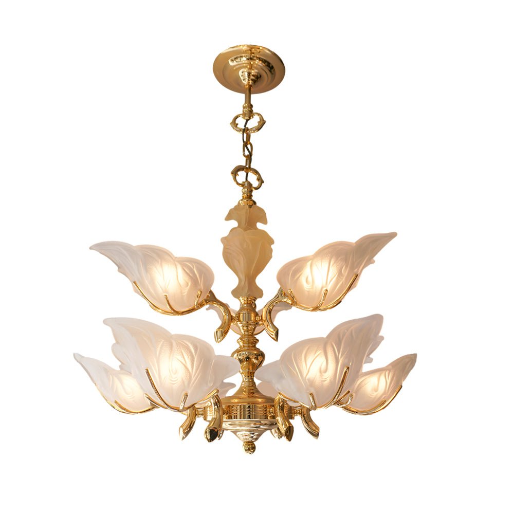 9-Light Leaf-Shaped Glass Chandelier with Brass Frame
