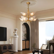 9-Light Leaf-Shaped Glass Chandelier with Brass Frame