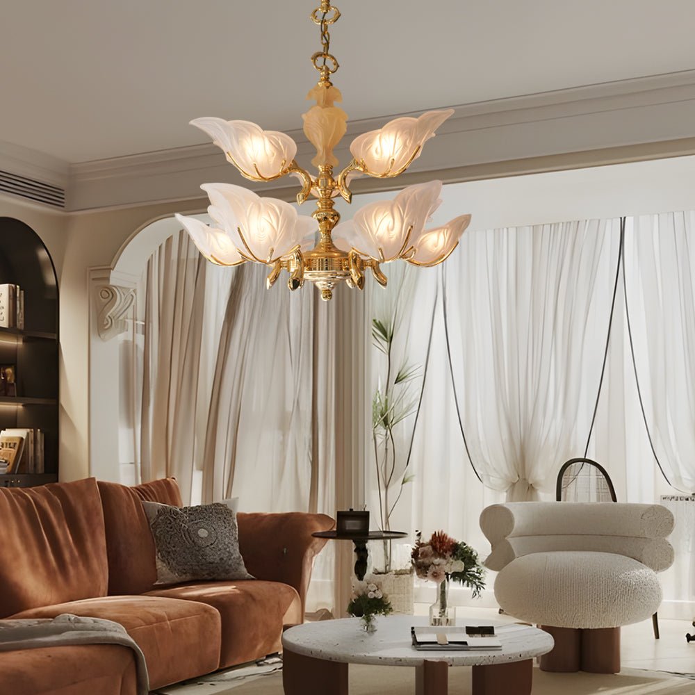 9-Light Leaf-Shaped Glass Chandelier with Brass Frame