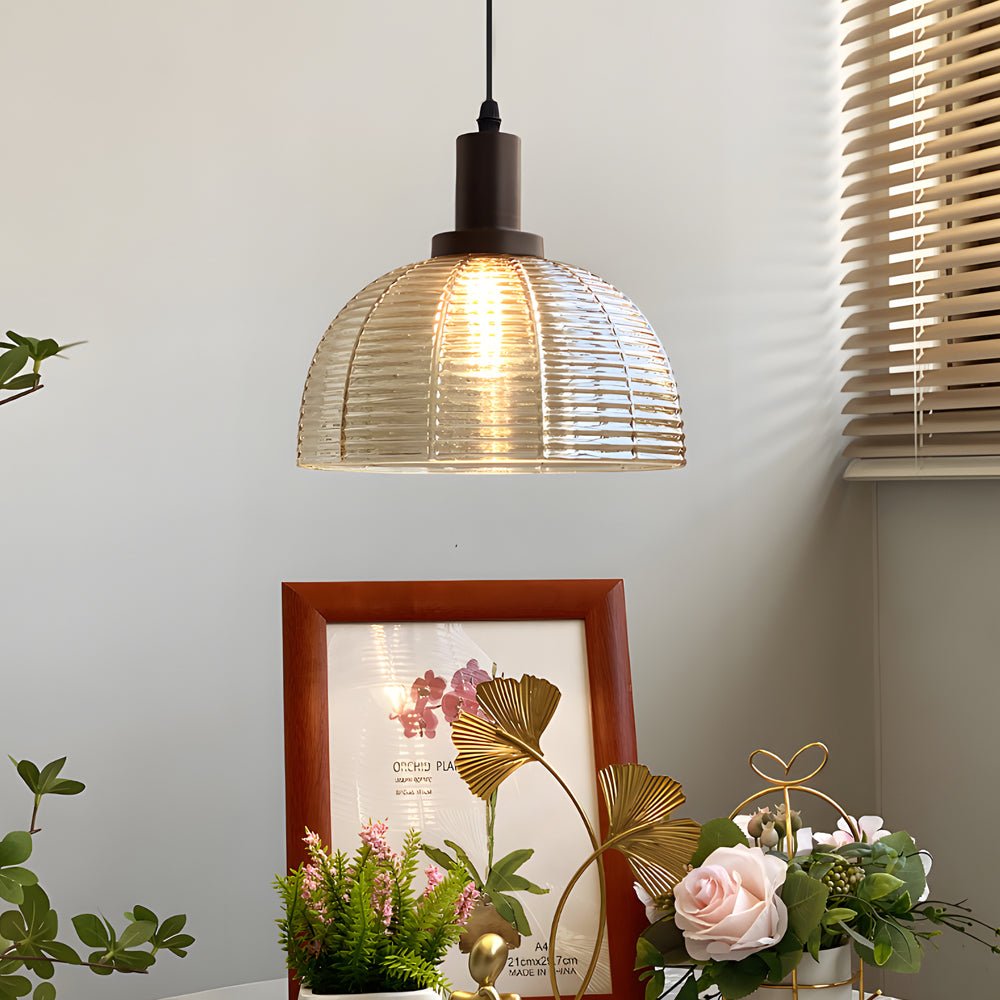 Modern Glass Dome Pendant Light with Iron Frame - Black Finish