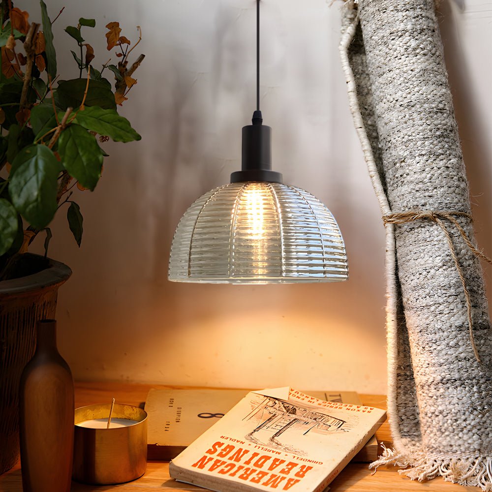 Modern Glass Dome Pendant Light with Iron Frame - Black Finish