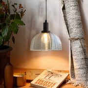 Modern Glass Dome Pendant Light with Iron Frame - Black Finish