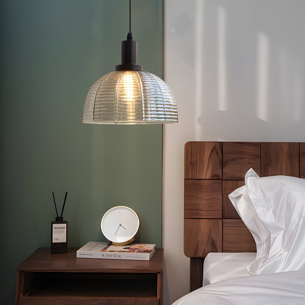 Modern Glass Dome Pendant Light with Iron Frame - Black Finish