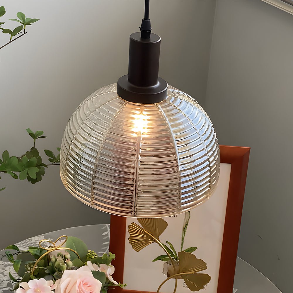 Modern Glass Dome Pendant Light with Iron Frame - Black Finish