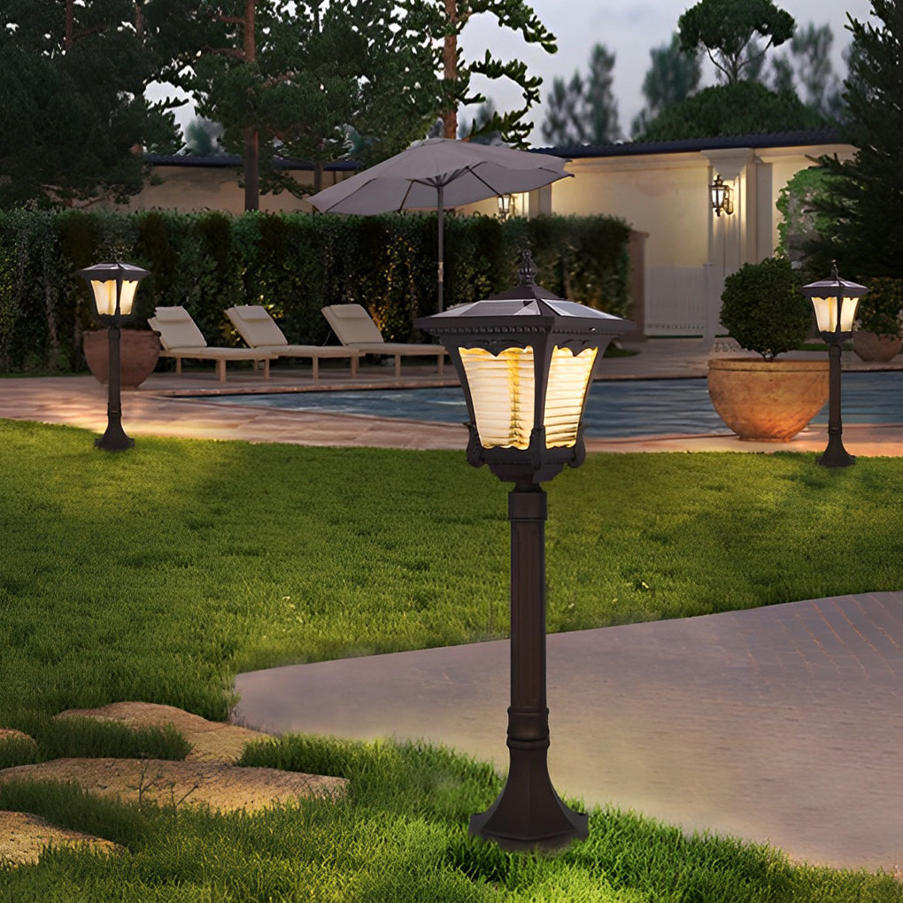 Vintage Solar LED Lawn Lamp with Ornate Top in Coffee Gold