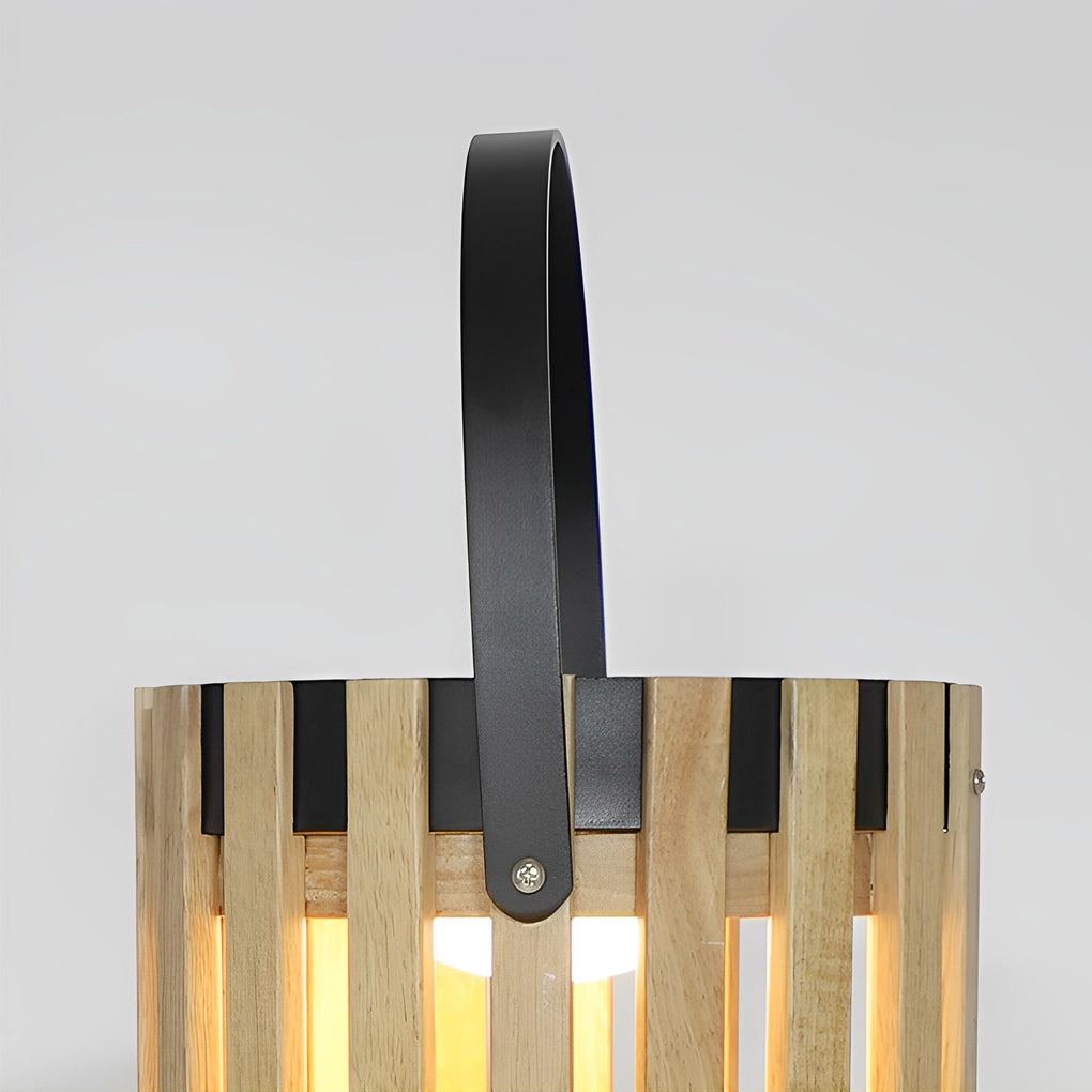Solar Wooden Lantern Floor Lamp with Aluminum Handle - Waterproof