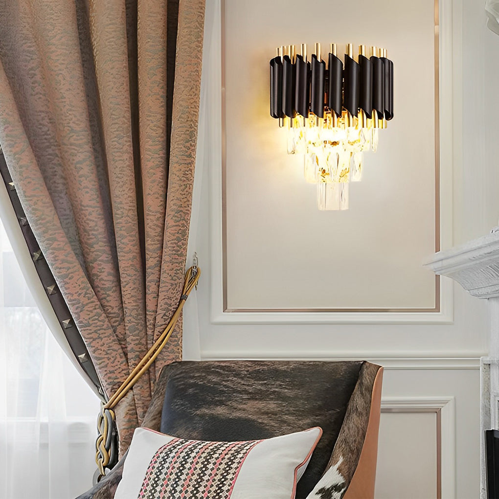 Crystal Metal Wall Sconce with Geometric Design – Gold & Black