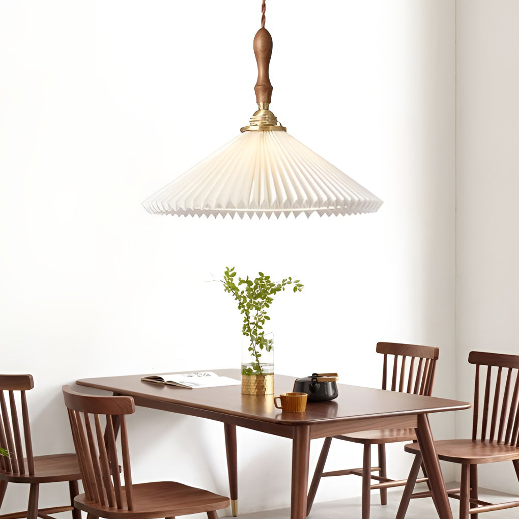 Nordic Pleated Pendant Light with Walnut Wood and Copper Accent