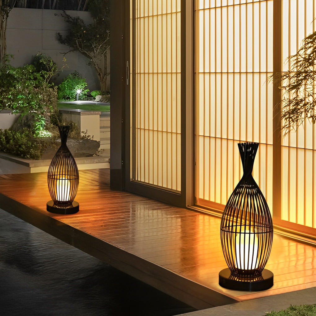 Industrial Caged Outdoor LED Floor Lamp - Waterproof Black Metal