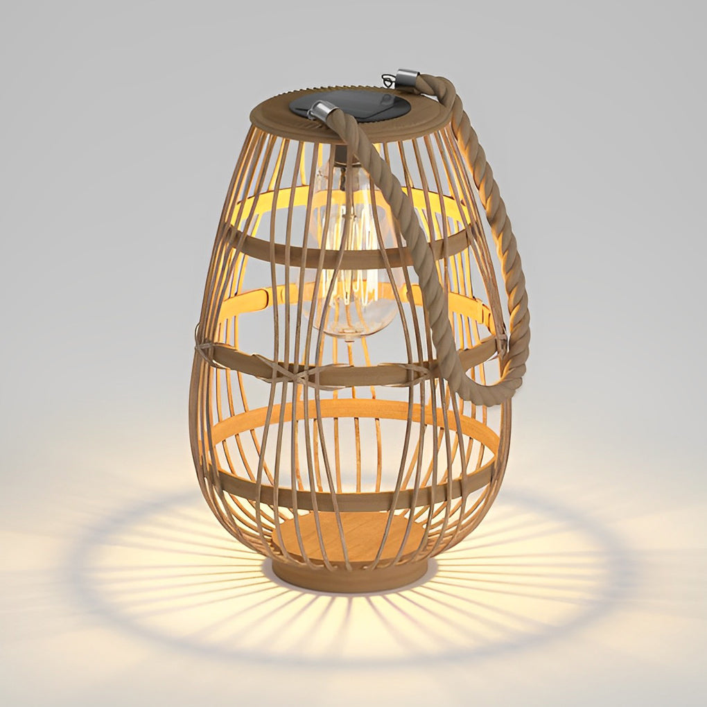 Solar Rattan Wood Portable LED Outdoor Lantern Lamp