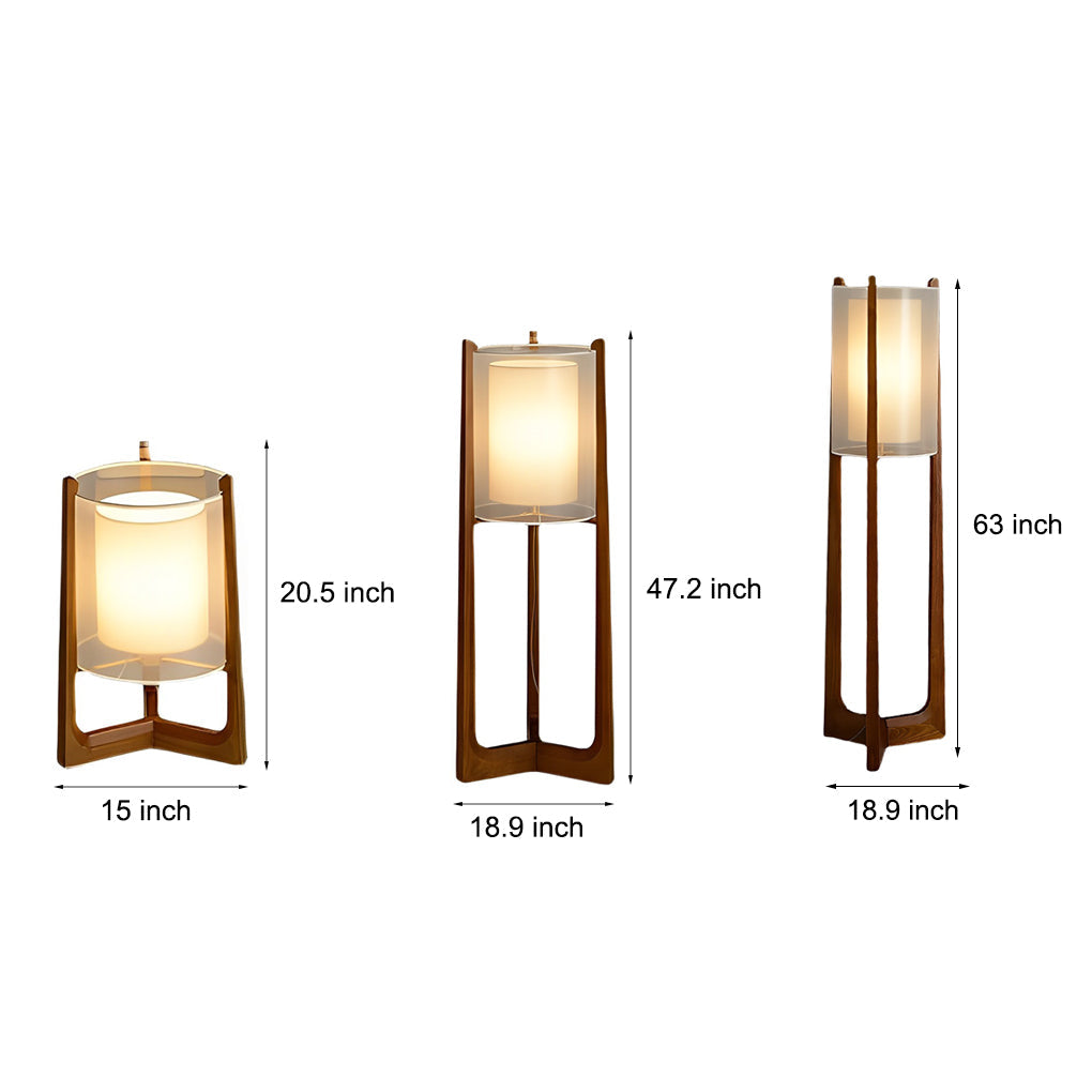 Rustic Wood Triangle Floor Lamp with Double Fabric Shade LED