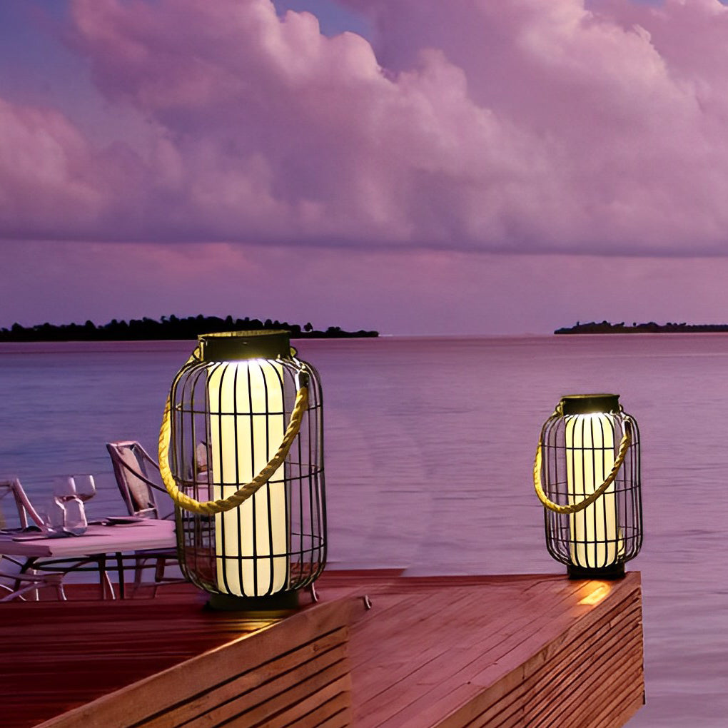 Solar Outdoor Lantern with Hemp Rope Handle - Waterproof LED Light