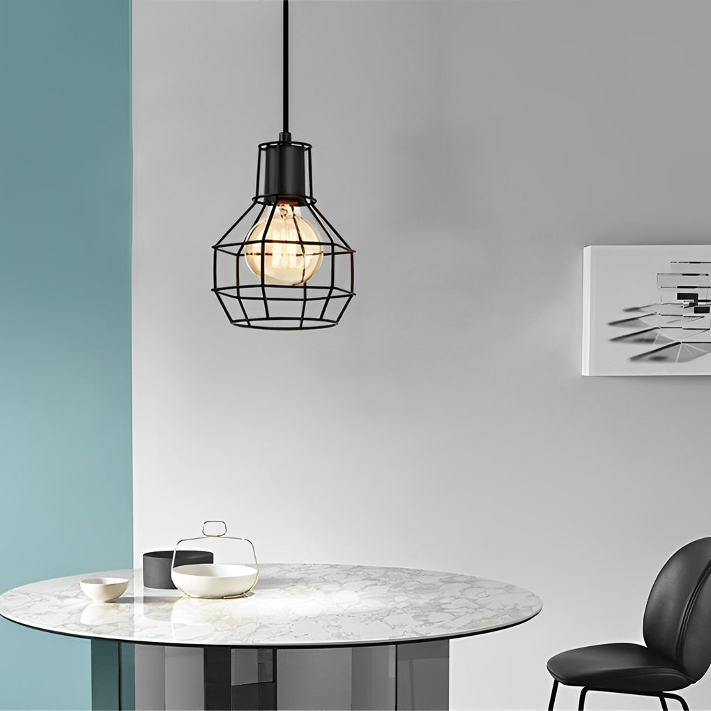 Industrial Cage Pendant Light with Button Switch Black Metal