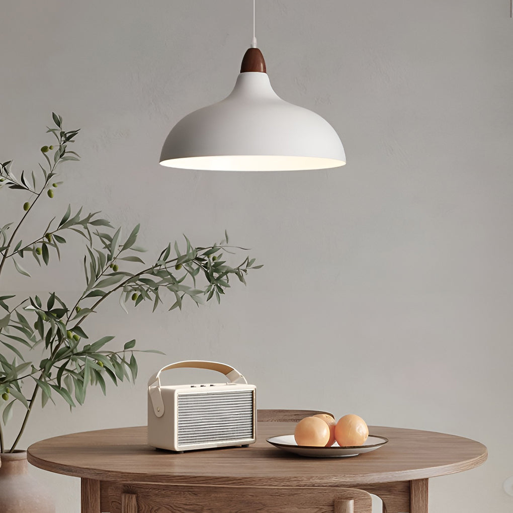 Modern Round Pendant Light with Walnut Accent - White Metal 12W