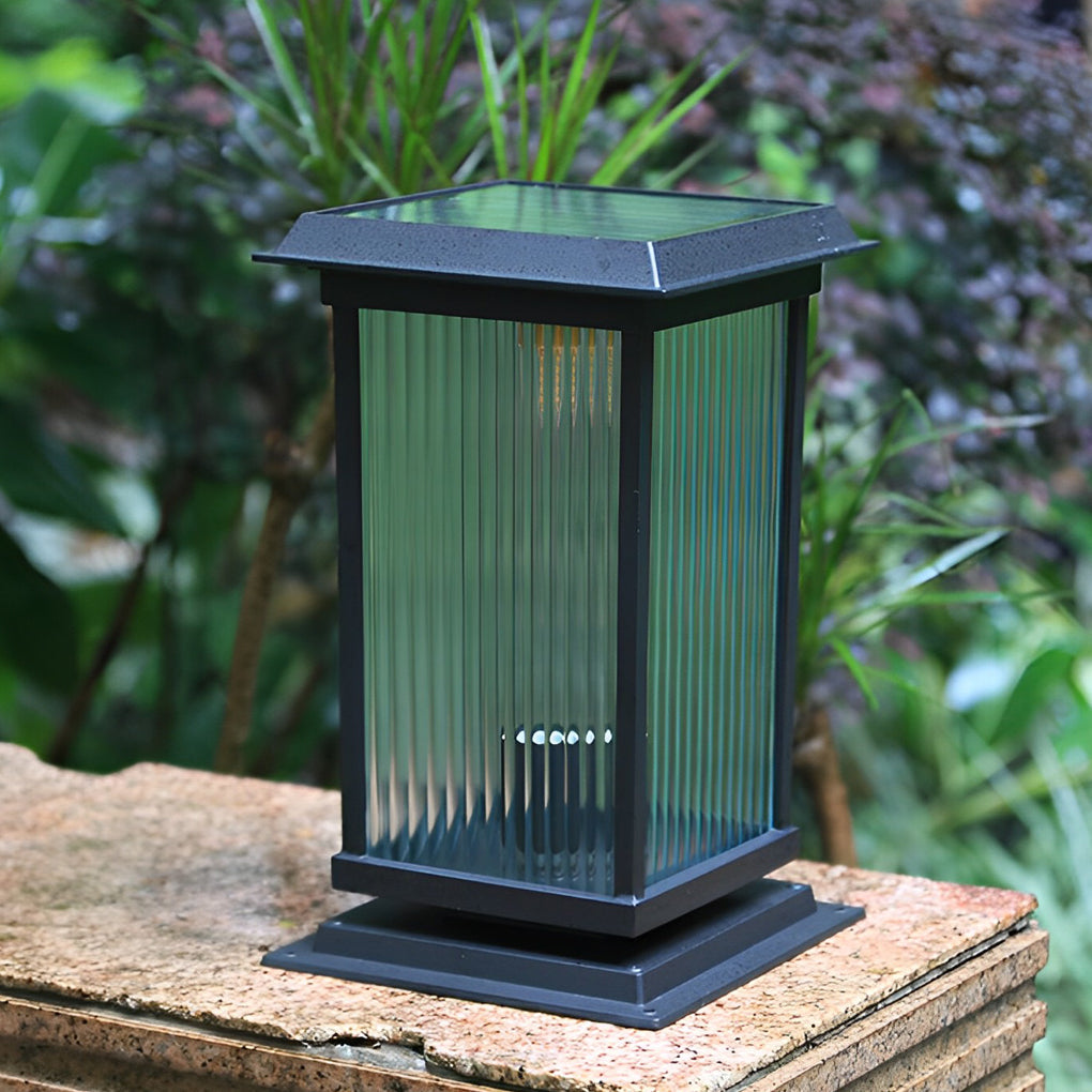 Modern Glass Solar Fence Post Light - Matte Black Aluminum Outdoor