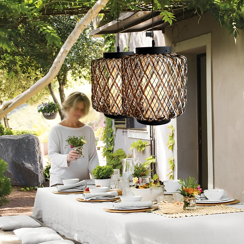 Handwoven Rattan Outdoor Pendant Light – Rustic Modern Waterproof