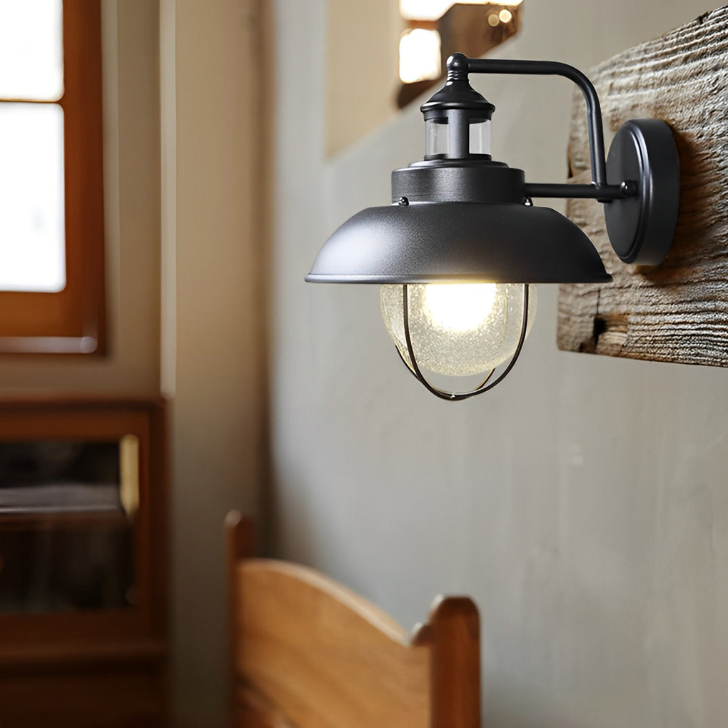 Nautical Black Metal Cage Seeded Glass Outdoor Wall Light