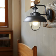 Nautical Black Metal Cage Seeded Glass Outdoor Wall Light